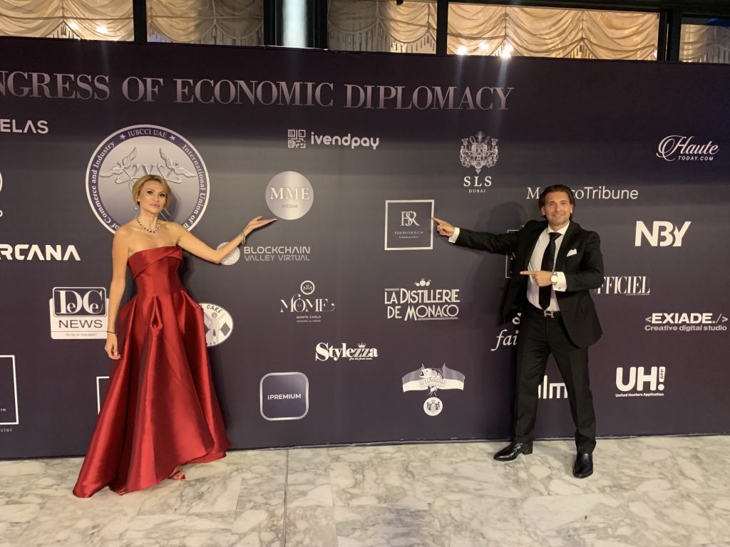 Cristina Ciobanu CEO of IUBCCI UAE - International Union of Bilateral Chambers of Commerce and Industry with Eric Poirier Owner & Founder forsupperrich.store media partner of congress in Monaco May 16-19 2022 Hotel de Paris